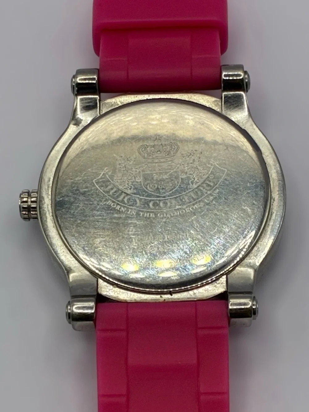 Juicy Couture Pink Silicone Strap Crystal Heart Crown Analog Watch